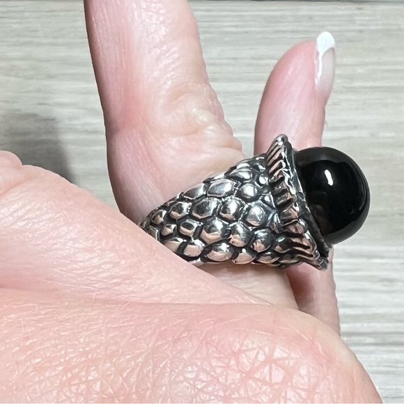 Vintage Designer Dian Malouf Sterling Silver Chunky Textured Onyx Ring, Size 7 - Picture 10 of 11